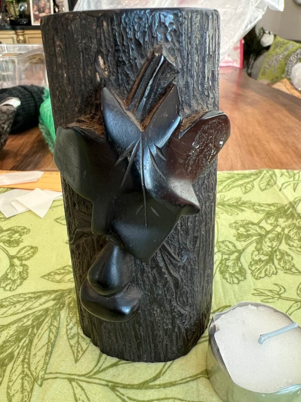 Black Carved Wood Vase with Leaf Motif original Asian